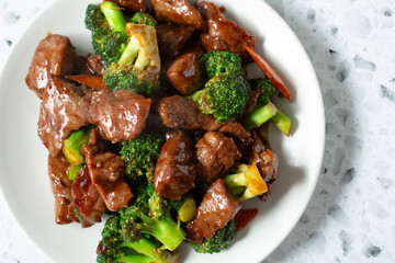 A top down view of entree of beef broccoli.