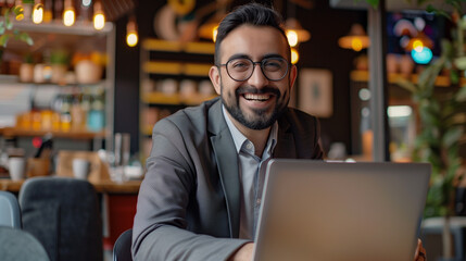 Obraz premium ビジネスマン 営業マン 笑顔 スーツ 背景 おしゃれ 店内 カフェ