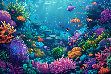 Vibrant Underwater Coral Reef with Diverse Marine Life, colorful fish, coloring page, clean and detailed.