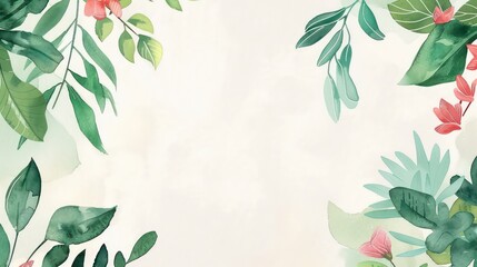 Watercolor leaves and flowers frame with a light beige background.