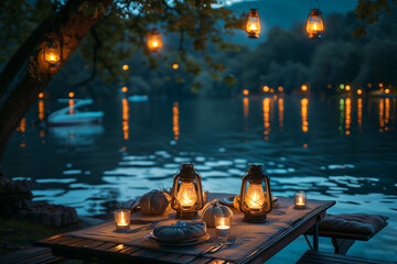 Lanterns illuminating a nighttime picnic