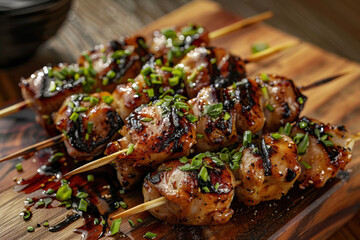 Japanese style chicken skewers on a wooden board