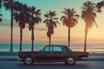 A vintage car parked by the palm-lined beach at sunset, creating a nostalgic and serene atmosphere of leisure and travel.