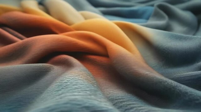 The image shows a close-up of wrinkled fabric with a blend of colors ranging from orange to blue. The texture is detailed, illuminated by soft lighting, creating a rich, vibrant, and cozy atmosphere.