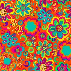 Psychedelic Swirling Seamless Vector Pattern with Multicolored Flowers