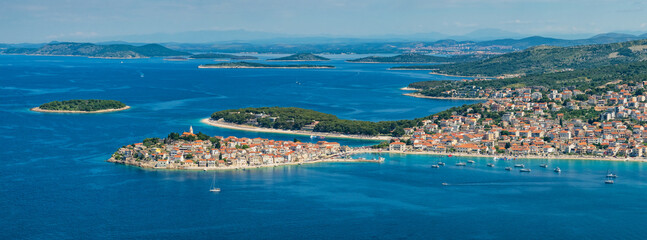 Aerial view of the picturesque Primosten town, Adriatic sea, Croatia