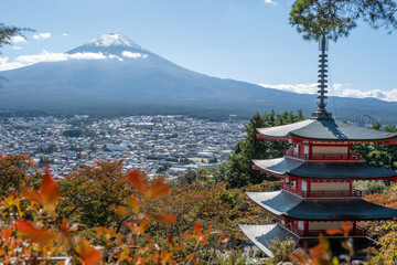 Kawaguchiko Sengen Shrine with partial cloud and snow coverage on Mt Fuji, Kawaguchiko, Japan