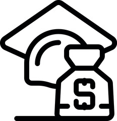 Line icon of a graduation cap and a money bag, representing the concept of tuition fee