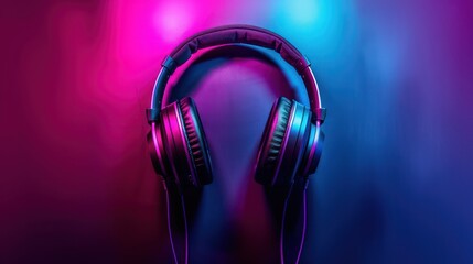 Pair of headphones with vibrant neon lights background, music art