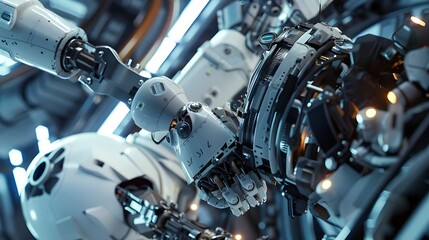  A robotic arm working on an intricate piece of machinery, symbolizing precision and advancements in industrial robotics and automation.
