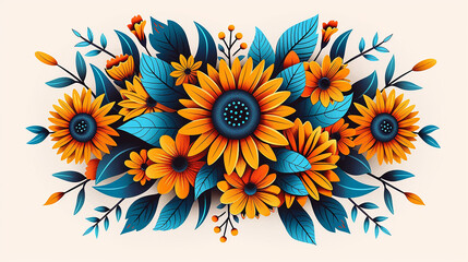 Folk bouquet sunflowers, wildflowers, joyful illustration, lively, bright natural light, background