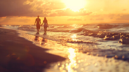 Fototapeta premium Romantic Sunset Stroll on the Beach