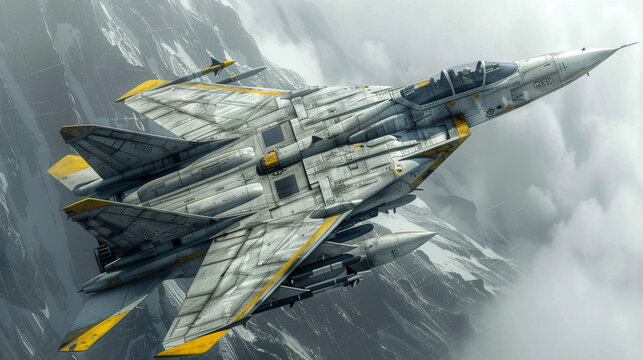 Grizzled fighter jet in gray and yellow navigates the air.