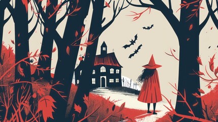Illustration of a witch in red cloak approaching a haunted house.