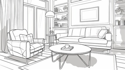 An image featuring the line art of a living room. In the illustration, there is a couch, chair, and coffee table.