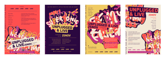 Set of four posters for a music event or a party. An artistic and groovy design with graffiti-style typography