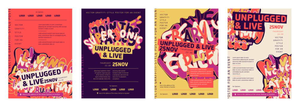 Set of four posters for a music event or a party. An artistic and groovy design with graffiti-style typography