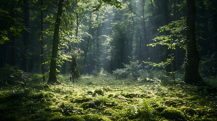 Obraz premium A forest with a lot of green grass and trees