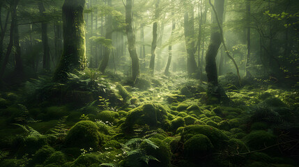 Fototapeta premium A forest with a lot of green grass and trees