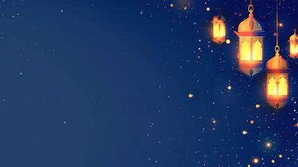 Fototapeta premium Glowing lanterns hanging in starry night sky with a dark blue background.