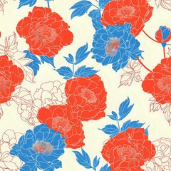 Striking Peony Flower and Green Leaf Grid Design