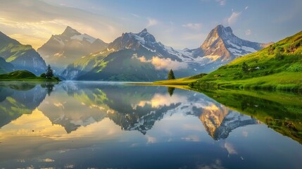 Obraz premium Bernese Alps and Bachalpsee Lake offer stunning morning views in Switzerland. A popular tourist spot, this captivating landscape is found in the Grindelwald valley of the Alps.