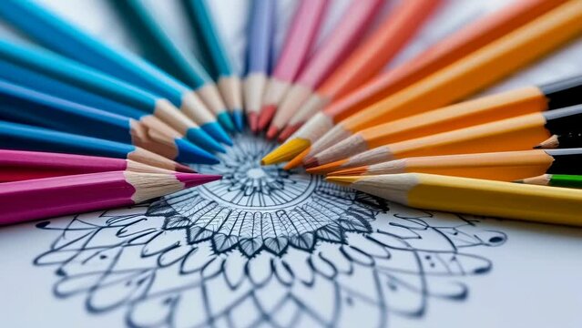 A close-up of multicolored pencils arranged in a circle on a mandala coloring page. The vibrant colors contrast against the intricate black-and-white design, creating an engaging and artistic scene.