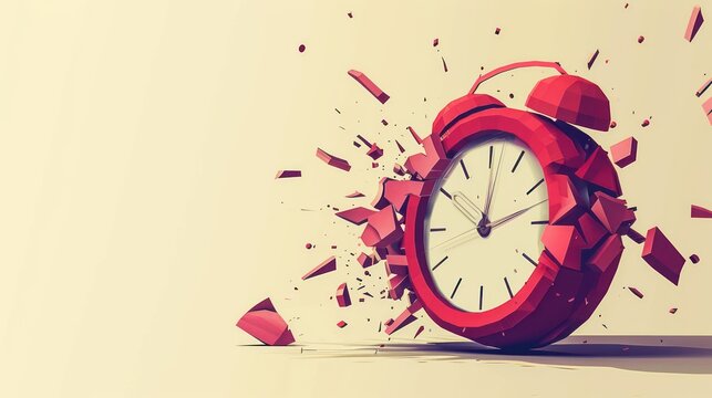 Exploding red alarm clock shattering into pieces on a beige background.