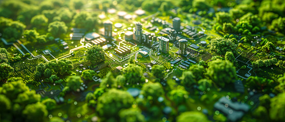 Miniature city model with detailed buildings, roads, and green spaces