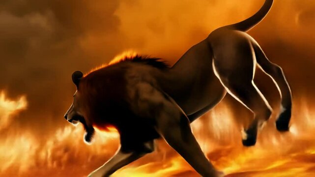 Lion leaping through a fiery background