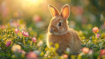 Fluffy little rabbit joyfully hopping on a meadow of green grass in the morning sunlight. Captures the essence of a happy bunny in a garden setting, symbolizing the Easter festival.