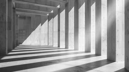 Abstract architecture with concrete walls and floors textured with cement, complemented by white columns casting dramatic shadows, creating a minimalist and geometrically striking composition.