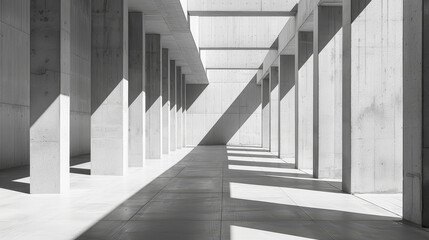 Fototapeta premium Abstract architecture with concrete walls and floors textured with cement, complemented by white columns casting dramatic shadows, creating a minimalist and geometrically striking composition.