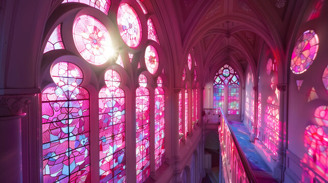 A stained glass window with a pink hue