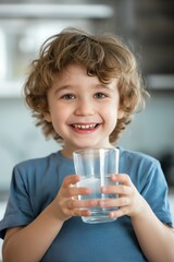 Healthy boy drinking water from a glass, showcasing his joyful and cheerful expression. © Andrii Zastrozhnov