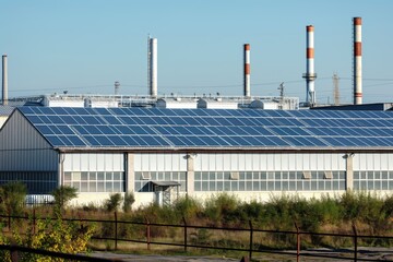 Industrial warehouse with rooftop photovoltaic solar panels generating renewable electricity for sustainable power.