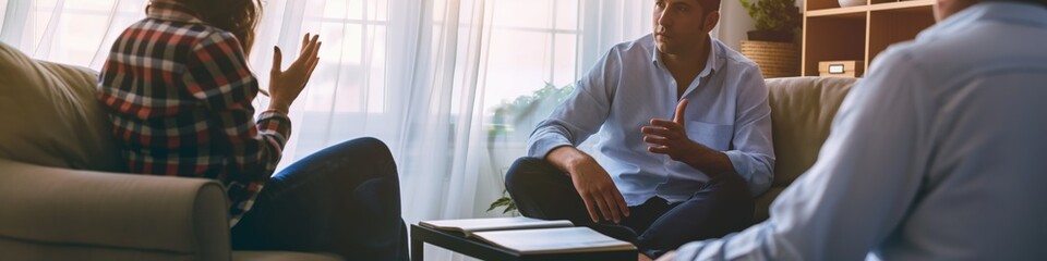 A psychologist facilitates a serious discussion among a couple, fostering cooperation and communication.