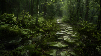 Obraz premium A forest path is shown with moss and rocks