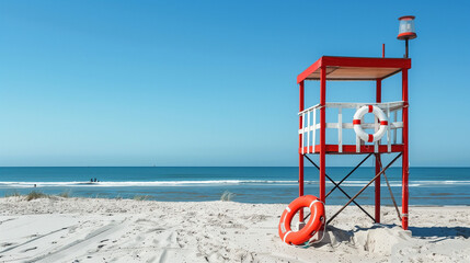 A vibrant red and white lifeguard tower with a lifebuoy on the sand, set against a clear blue sky. Perfect for beach safety and summer themes.