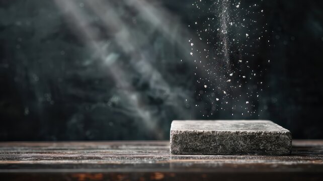 Close-up shot of a chalkboard eraser suspended mid-air with chalk dust particles illuminated by light, symbolizing education and learning.