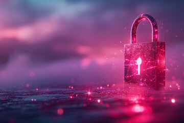 Glowing security padlock on purple backdrop. Digital interface and protection concept. 3D Rendering. 