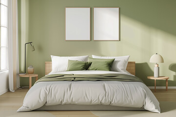 interior in light green tone 3d render blank frames mockup above the bed in the bedroom 