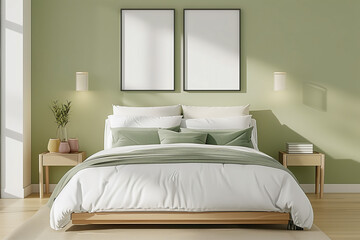 interior in light green tone 3d render blank frames mockup above the bed in the bedroom 