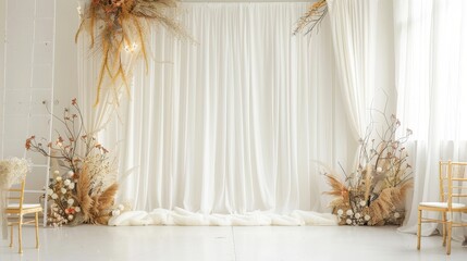 Elegant white backdrop adorned with shimmering gold accents