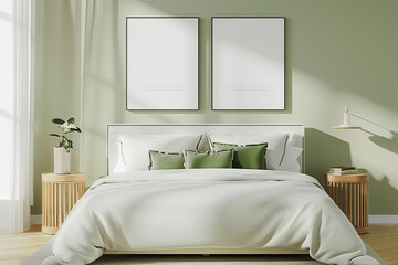 interior in light green tone 3d render blank frames mockup above the bed in the bedroom 