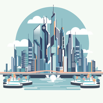 abstract futuristic city skyline, future city background, retro illustration, flat vector illustration