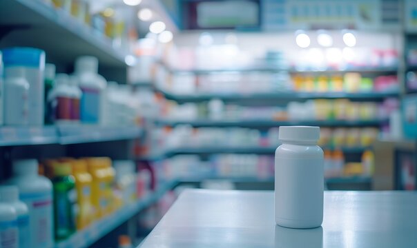 Un flacone di medicinali su un tavolo con uno sfondo sfocato di scaffali farmaceutici.