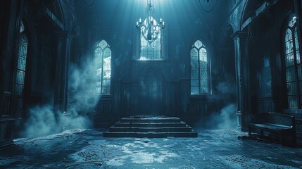 An empty and spooky display podium within a gothic room setting, evoking a vintage and haunted black church ambiance. Enhanced by minimal lighting, this scene serves as a chilling Halloween backdrop w