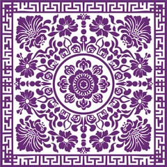 Purple Chinese pattern with woodcut print and green lines