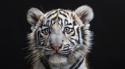 Fototapeta premium A baby tiger is looking at the camera with its eyes wide open. The image is black and white, and the tiger is the main focus of the photo